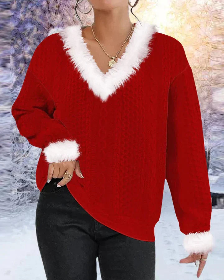 Eliza | Festive V-Neck Fur-Trim Sweater
