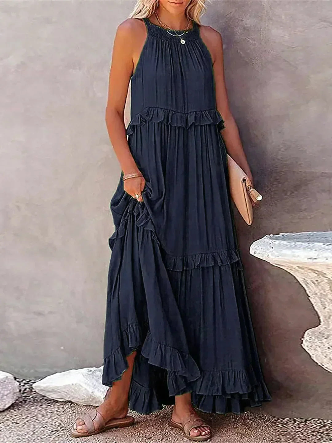 Meara™ | Elegant Halter Ruffle Maxi Dress - Elle Melbourne