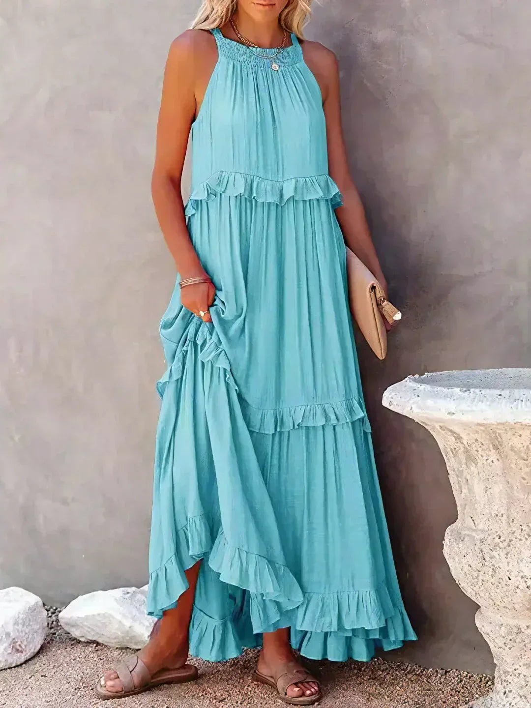 Meara™ | Elegant Halter Ruffle Maxi Dress - Elle Melbourne