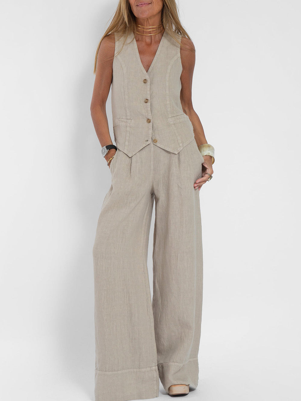 Aira™ - Buttoned Vest & Wide-Leg Trousers Set - Elle Melbourne