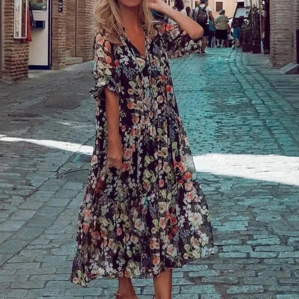 Liana | Stylish Floral V-Neck Maxi Dress - Elle Melbourne