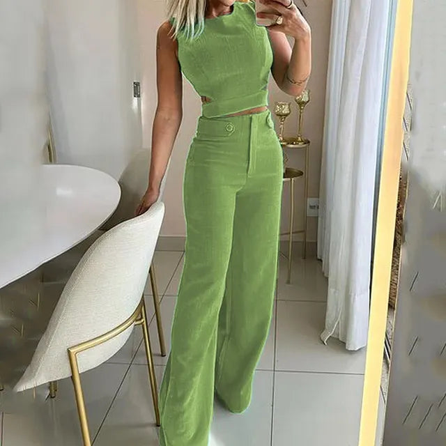 Isla | Stylish Sleeveless Cut-Out Top Wide-Leg Pants Set - Elle Melbourne