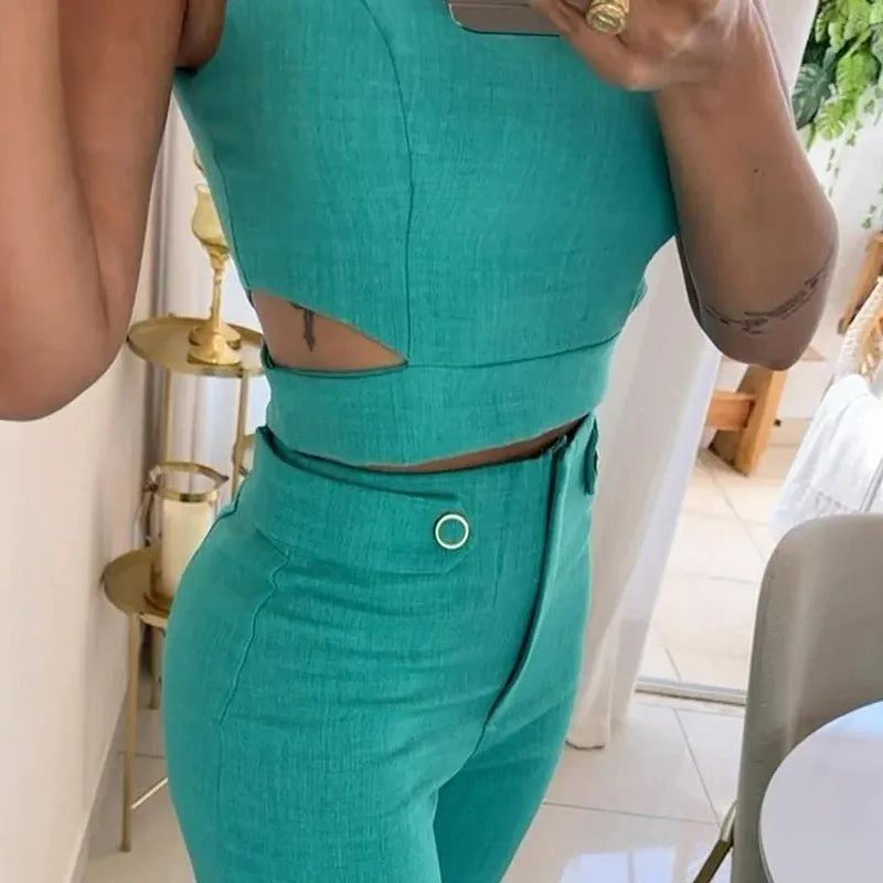 Isla | Stylish Sleeveless Cut-Out Top Wide-Leg Pants Set - Elle Melbourne