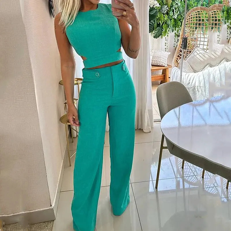 Isla | Stylish Sleeveless Cut-Out Top Wide-Leg Pants Set - Elle Melbourne