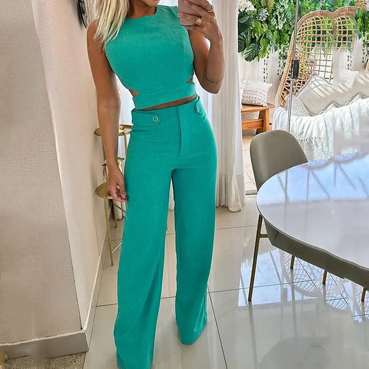 Isla | Stylish Sleeveless Cut-Out Top Wide-Leg Pants Set - Elle Melbourne