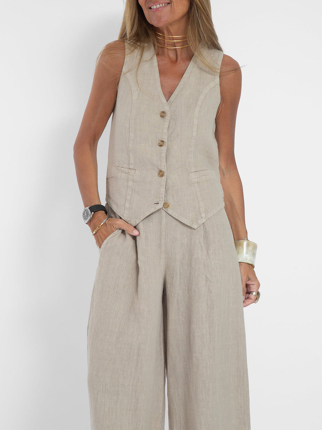 Aira™ - Buttoned Vest & Wide-Leg Trousers Set - Elle Melbourne