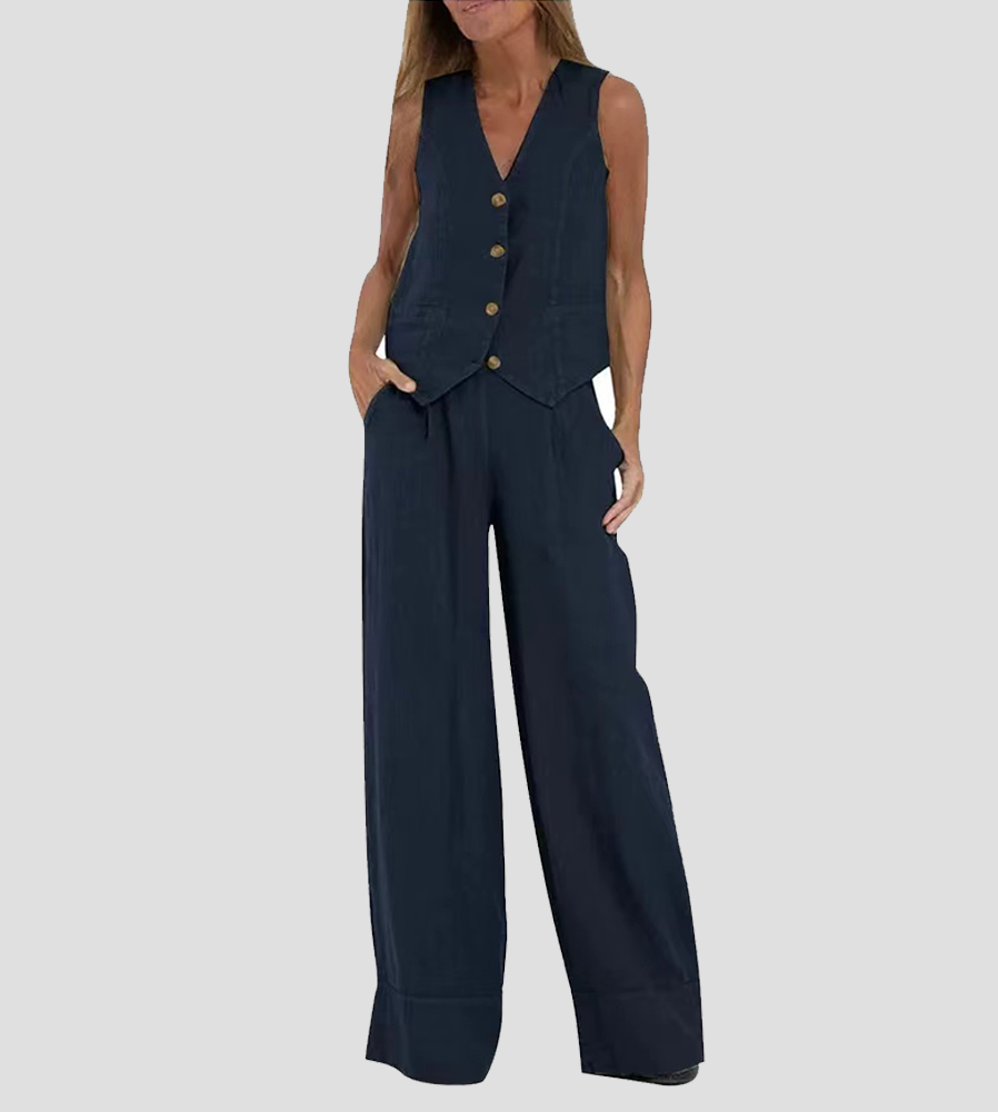 Aira™ - Buttoned Vest & Wide-Leg Trousers Set - Elle Melbourne
