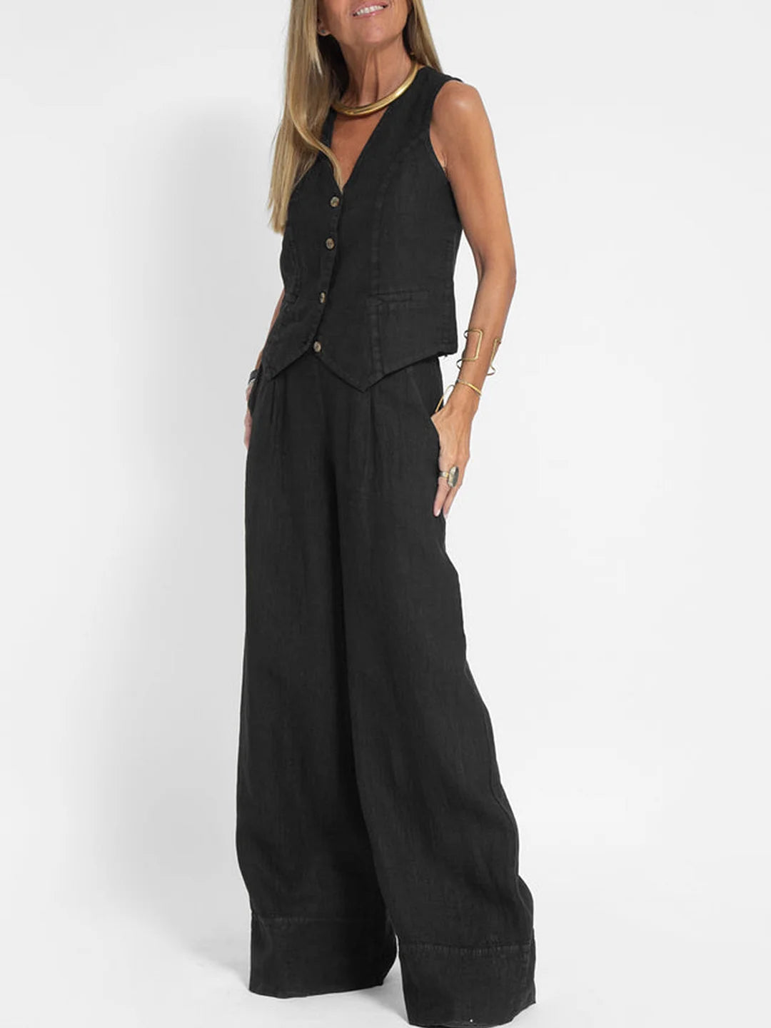 Aira™ - Buttoned Vest & Wide-Leg Trousers Set - Elle Melbourne