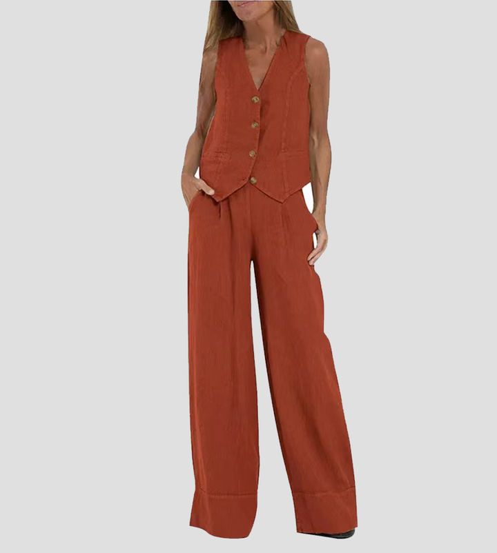 Aira™ - Buttoned Vest & Wide-Leg Trousers Set - Elle Melbourne
