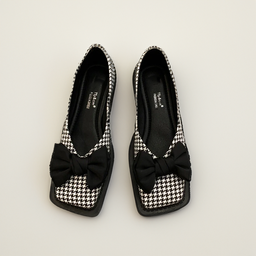 Lucia | Stylish Bow Detail Houndstooth Flats - Elle Melbourne