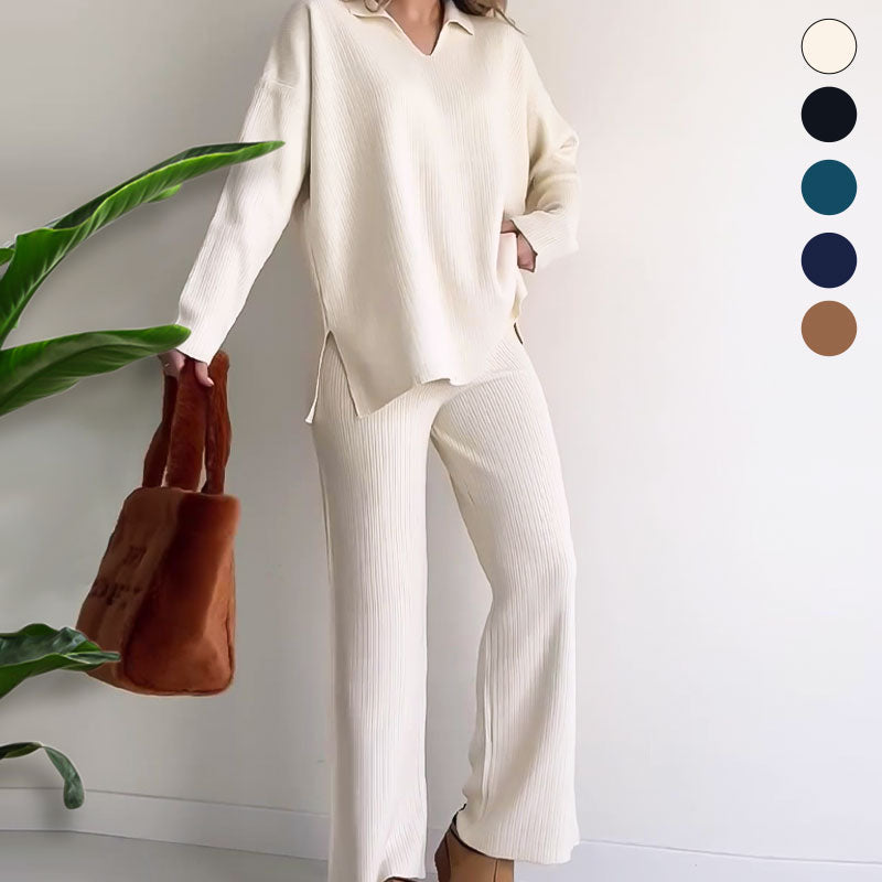 Giselle | Stylish Ribbed V-Neck Sweater Pants Set - Elle Melbourne